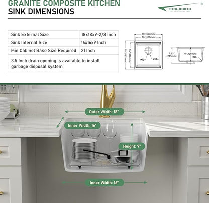 18 Inch White Undermount Bar Sink 18x18 Undermount Bar Sink Mini Wet Bar White Quartz Granite Composite Small Kitchen RV Sinks Single Bowl Outdoor Island Basin with Cutting Board