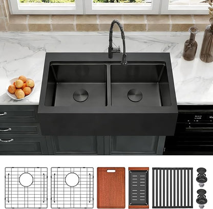 Black Farmhouse Kitchen Sink 33 x 22 Drop In, 50/50 Double Bowl Farm Sinks, 16 Gauge Stainless Steel Workstation Sink with Ledge & Accessories, 33" x 22" x 10" Large and Deep Double Sinks