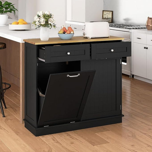 Giantex Tilt Out Trash Can Cabinet, Kitchen Island Table w/Solid Wood Top, 2 Drawers, Adjustable Shelf for Hidden Laundry Hamper, Pet Proof Garbage Can for Dining Living Room (Black, 14.5 Gal)