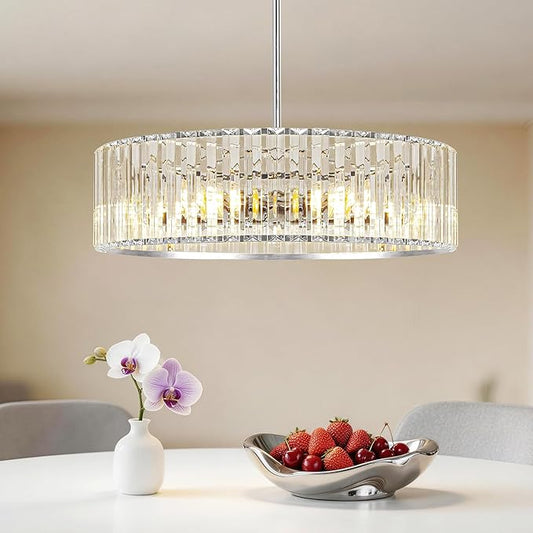 Modern Crystal Chandelier for Dining Room, 6 Light Chrome Semi Flush Mount Ceiling Light Fixtures, 19in Hallway Fixture, Round Kitchen Hanging Drum Pendant Lights Ceiling for Living Room Bedroom Foyer