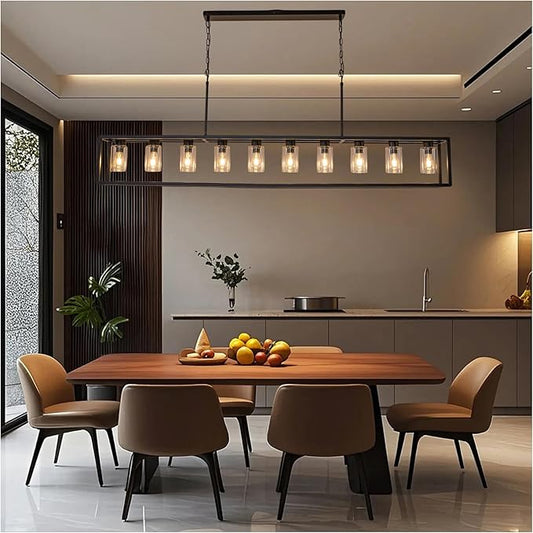 Farmhouse Dining Room Light Fixture Kitchen Island Pendant Lighting Rectangle Black Dining Room Lighting Fixture Modern Pendant Contemporary Chandeliers with Glass Shade Adjustable (10 Light)