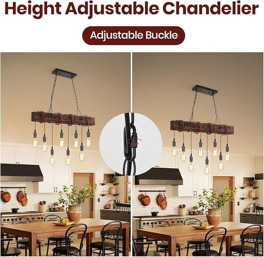 SEEBLEN 8-Lights Farmhouse Kitchen Island Pendant Light, Rustic Wood Chandeliers for Dining Room,Height Adjustable Island Light,Dining Room Bar Restaurant Cafe Pool Table.
