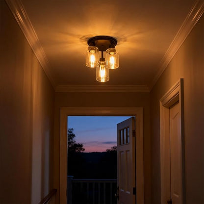 ROTTOGOON Semi Flush Mount Ceiling Light, Close to Ceiling Lights Fixtures, 3 Light Kitchen Ceiling Lights Fixtures with Glass Shades, Hallway Light Fixtures Ceiling Mount for Foyer, Black