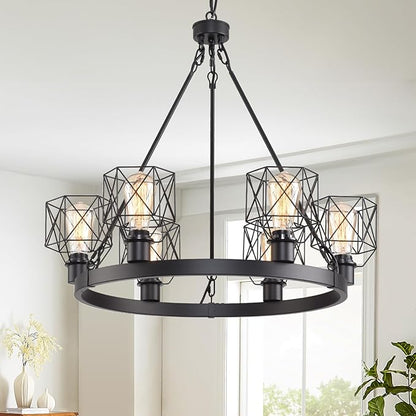 Wagon Wheel Chandelier Modern Farmhouse Pendant Light,Black Farmhouse Chandelier, 6-Light Wagon Wheel Chandelier with Adjustable Height, Dining Room Light Fixture, Hanging Lights