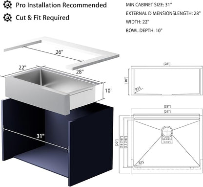 26-Inch Farmhouse Kitchen Sink, 16 Gauge Stainless Steel Farm Sink, Undermount Single Bowl, Brushed Finish, Deep Basin, Workstation Design with Accessories (Stainless Steel, 26" x 22" x 10")