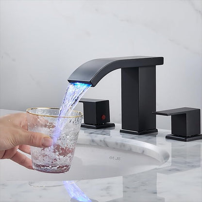 Bathroom faucets 3 Hole Widespread Modern Bathroom Sink Faucet 8 inch Matte Black Bathroom 3 Hole LED Light Waterfall Vanity Faucet Sink with Pop Up Drain (Matte Black)