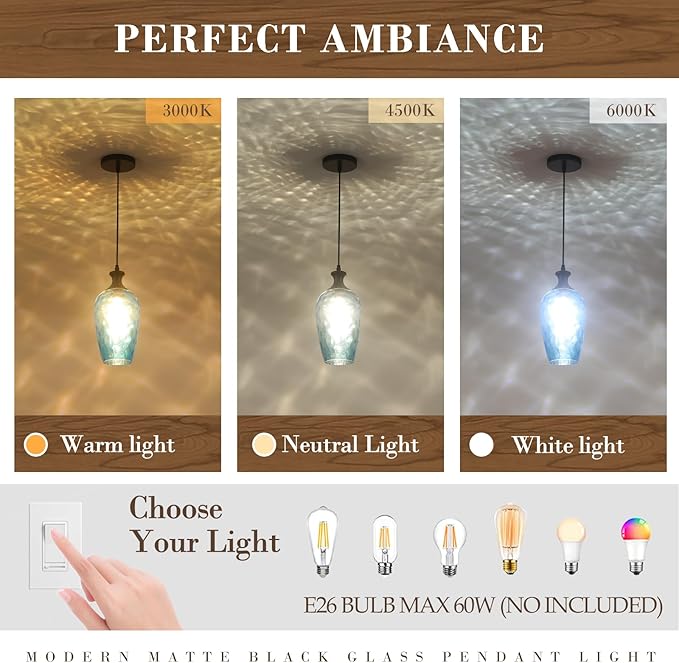 Glass Pendant Lights Kitchen Island, 1-Light Blue Pendant Light Fixtures with Hammered Glass, Modern Farmhouse Hanging Light for Kitchen Sink Dining Room Bedroom, E26