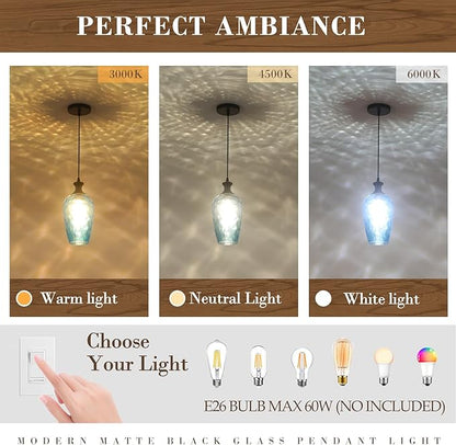 Pendant Lights Kitchen Island 2 Pack, Blue Glass Pendant Light Fixtures with Hammered Glass, Modern Hanging Light for Kitchen Sink Dining Room Bedroom