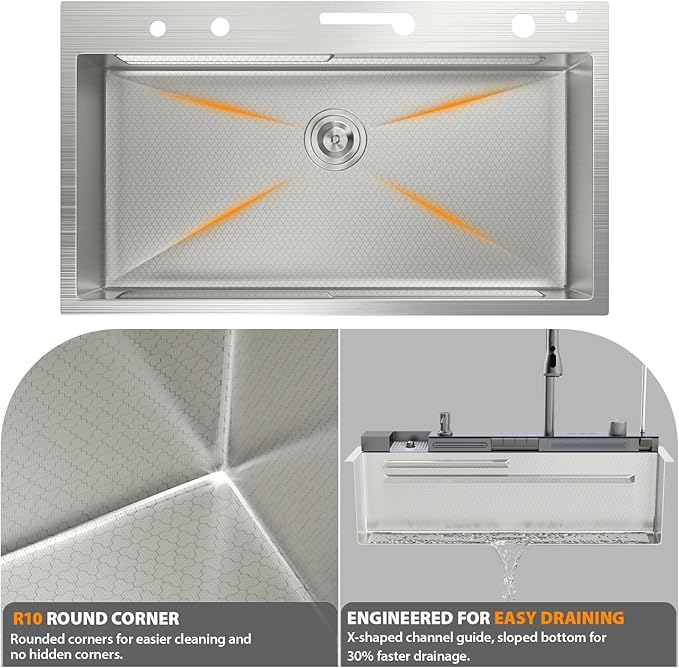 Mocoloo 33 Inch Honeycomb Waterfall Kitchen Sink Drop in, 33x19 Inch Stainless Steel Workstation Sink 16 Gauge Topmount Single Bowl Sink with Complete Kit