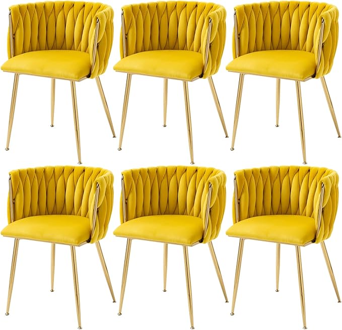 Nrizc Woven Dining Chairs Set of 6, Velvet Upholstered Dining Chairs with Gold Metal Legs, Modern Accent Chairs for Living Room, Dining Room, Kitchen (Yellow)