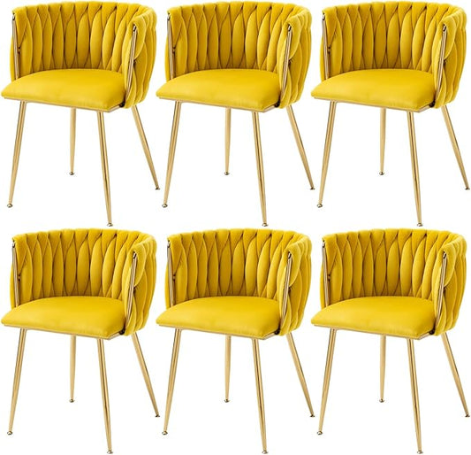 Nrizc Woven Dining Chairs Set of 6, Velvet Upholstered Dining Chairs with Gold Metal Legs, Modern Accent Chairs for Living Room, Dining Room, Kitchen (Yellow)