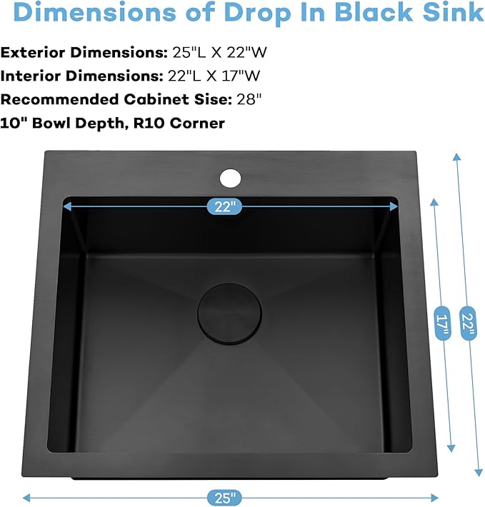 Black Kitchen Sink 25"x22",Drop In Laundry Utility Sink,25 Inch Black Sink 16 Gauge Stainless Steel,Top Mount Single Bowl Deep Kitchen Sinks