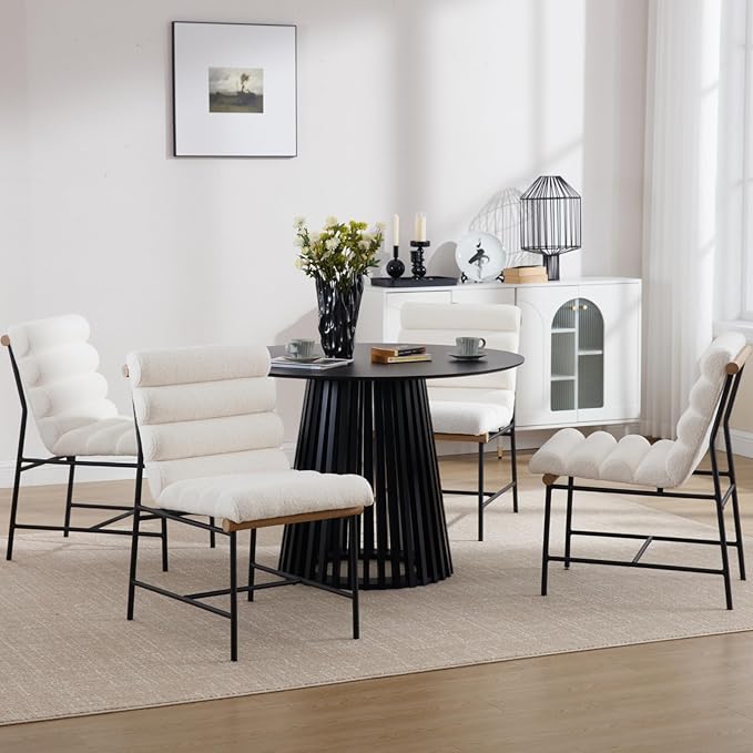 Modern Upholstered Dining Chairs Set of 2, White Sherpa Dining Room Chairs with Tufted Back & Cushion, Comfy Armless Boucle Kitchen Chairs with Black Metal Legs for Dinner Living Room