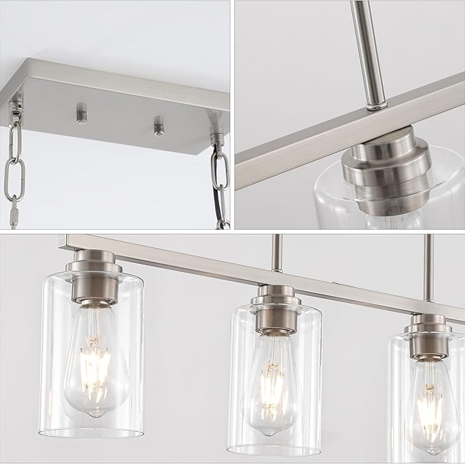 Mecgirn Island Light for Kitchen, Brushed Nickel Dining Room Light Fixture Over Table, 4-Light Linear Chandelier Pendant Lighting for Dining Table Kitchen Island Living Room