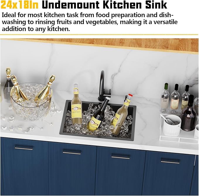 Black Kitchen Sink,24x18 Inch Stainless Steel Undermount Kitchen&Bar Sink Drop In Stylish And Modern Look With Bottom Grid,Silicon Mat And Drain Assembly Add Elegance & Enhance Usability
