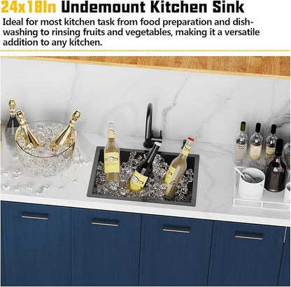 Black Kitchen Sink,24x18 Inch Stainless Steel Undermount Kitchen&Bar Sink Drop In Stylish And Modern Look With Bottom Grid,Silicon Mat And Drain Assembly Add Elegance & Enhance Usability
