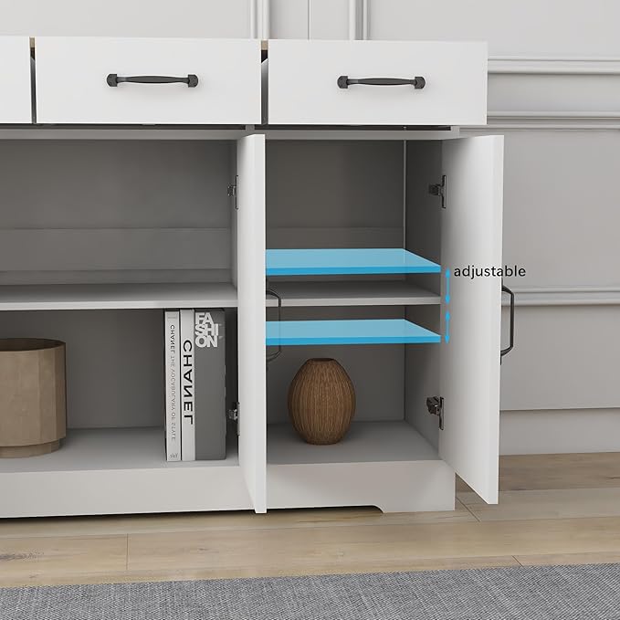 RASOO Sideboard Buffet Cabinet White Field Door Panel Kitchen Side Board Cabinet with Storage 3 Doors and 3 Drawers for Living Room, Kitchen (Grid Doors)