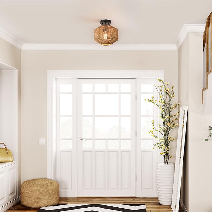 GLOBE Electric 65902 1-Light Flush Mount Ceiling Light, Matte Black, Paper Twine Shade