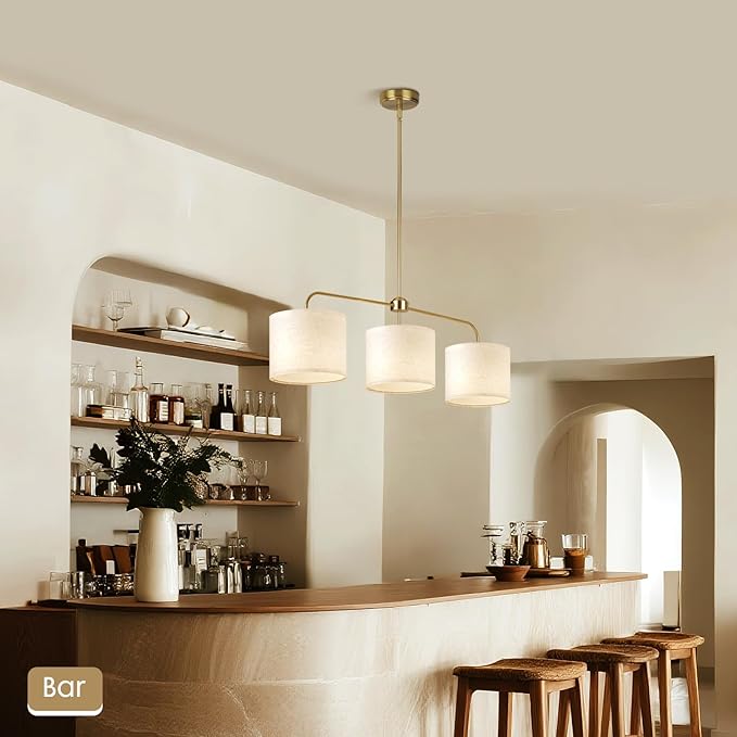 3 Light Gold Linear Chandelier with Linen Beige Drum Shades,Modern Pendant Light Fixture for Kitchen Island,Dining Room,Living Room,Mid-Century Ceiling Light Fixture,Adjustable Height Island Light