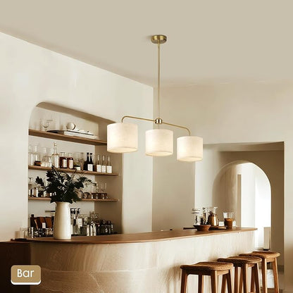 3 Light Gold Linear Chandelier with Linen Beige Drum Shades,Modern Pendant Light Fixture for Kitchen Island,Dining Room,Living Room,Mid-Century Ceiling Light Fixture,Adjustable Height Island Light