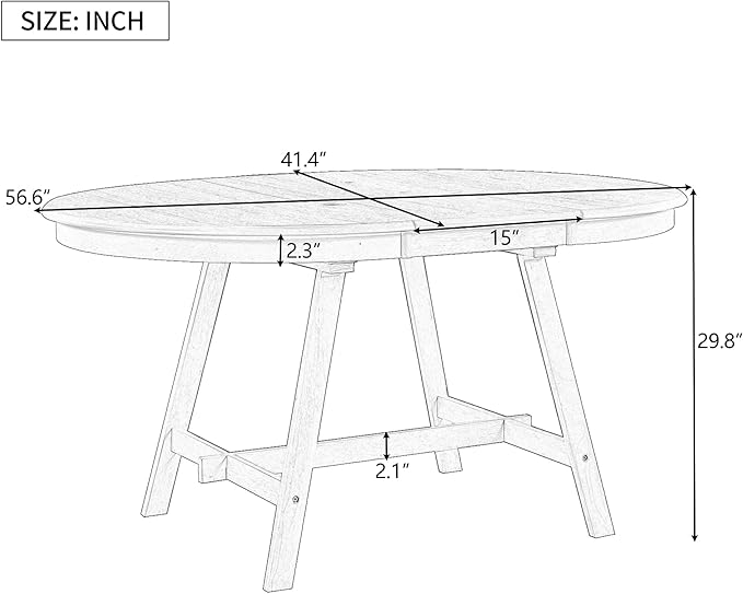 BROVAVE 57" Extendable Island Table, Rustic Dining Table with Retro Farmhouse Style, Mid Century Dining Table with Rubber Wood Legs for Family Gatherings, Gray