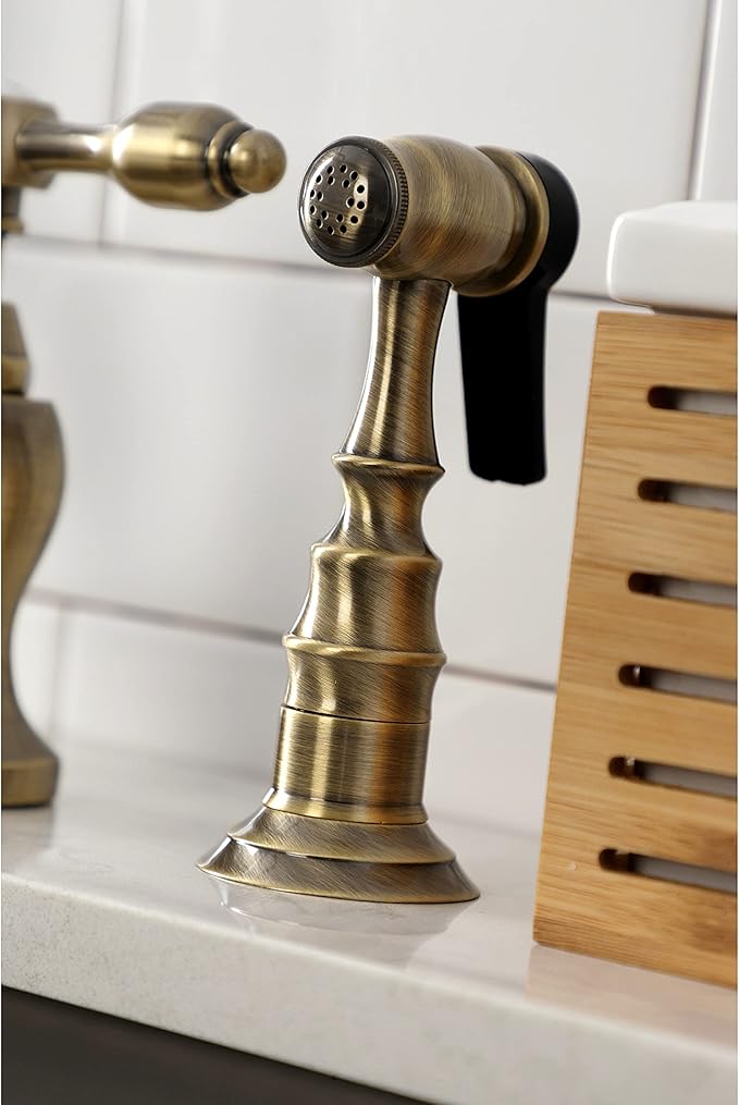Kingston Brass KS7753TALBS Tudor Bridge Kitchen Faucet with Brass Sprayer, Antique Brass