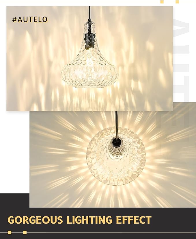AUTELO Black Pendant Lights Kitchen Island, 10" Hammered Pendant Lights, Industrial Hanging Lamp in Matte Black Finish and Clear Hammered Glass, Pendant Light Fixtures for Dining Room, H9164 HMBK