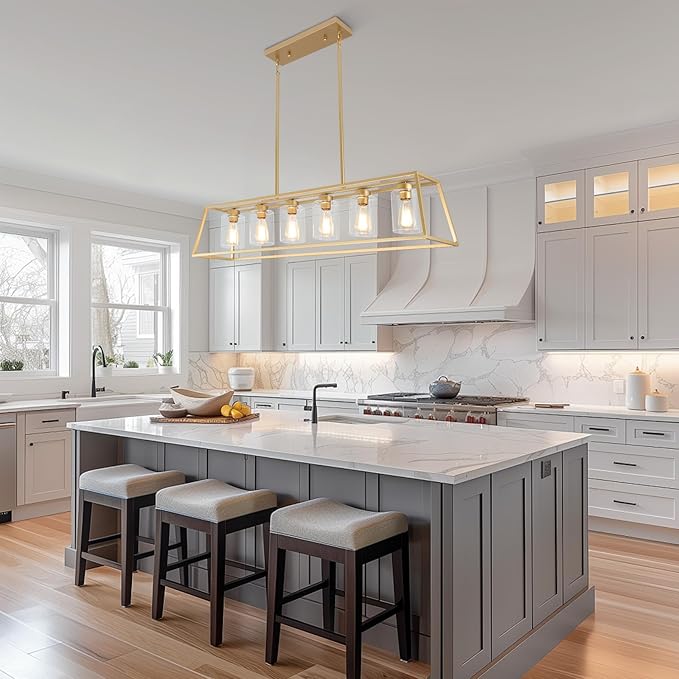 6-Light Gold Chandeliers for Dining Room | Modern Kitchen Island Light Fixture | Rectangle Chandelier for with Clear Glass Shade | Apply to Dining Room Light fixtures Over Table