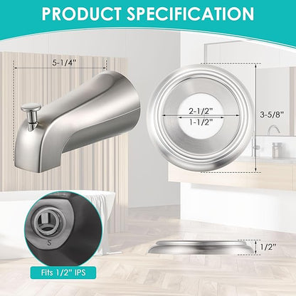 Universal Bathroom Tub Spout with Metal Tub Spout Cover Ring, 5 1/4 Inches Reach Wall Front Mount Faucet with Shower Diverter 1/2 IPS Inside Thread(Brushed Nickel)
