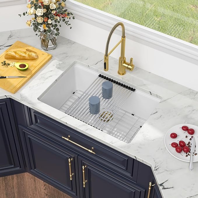 Kichae 28 inch Undermount Kitchen Sink - 28" x 19" White Granite Composite Kitchen Sink Ledge Workstation Quartz Single Bowl Deep Basin with Cutting Board