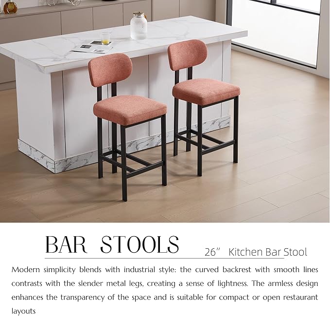 Modern Dining Chairs Set of 2, 26 inch Upholstered Fabric Counter Height Barstools with Sturdy Metal Legs, Stylish Simple Natural Kitchen Island Chairs for Versatile Use,Orange-Fabric-Foam-M