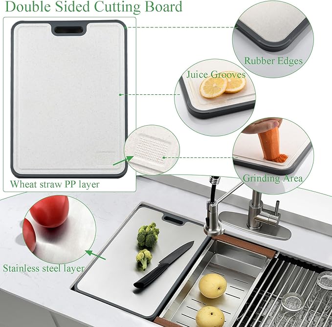 33 Inch Undermount Kitchen Sink, 33×19 Stainless Steel Undermount Kitchen Sink Ledge Workstation 16 Gauge Handmade Deep Single Bowl Kitchen Sinks with Cutting Board
