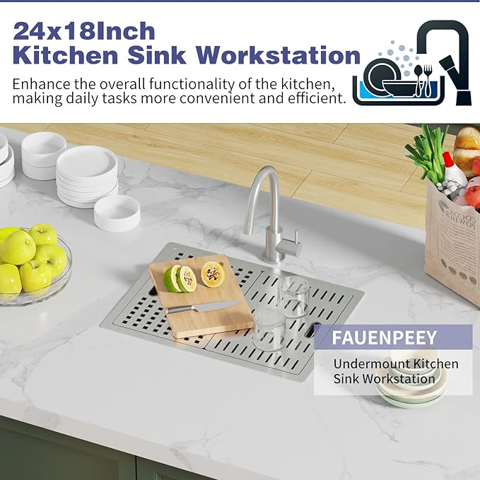 24x18 Inch Kitchen Sink With Dual Cover-Stainless Steel Undermount Single Bowl Kitchen Sink Built-in Ledge Drop In Workstation Sink Fully Covering Sink To Create Temporary Workspace/Drainage Area