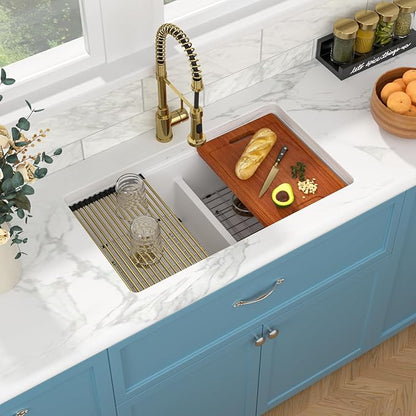 Sarlai 33 Granite Composite Kitchen Sink Double Bowl - 33"x19" White Granite Kitchen Sink Ledge Workstation White Undermount Double Bowl 50/50 Low Divide Quartz Classic Composite Under Counter Basin