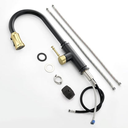 SUMERAIN Single Hole High Arc Kitchen Faucet with Pull Out Sprayer,Black and Gold Pull Down Kitchen Sink Faucet Stainless Steel