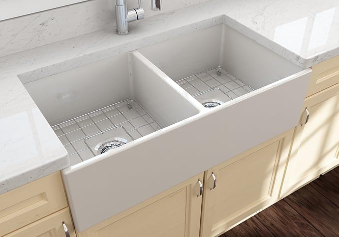 BOCCHI Contempo Farmhouse Apron Front Fireclay 36 in. Double Bowl Kitchen Sink with Protective Bottom Grid and Strainer in Biscuit