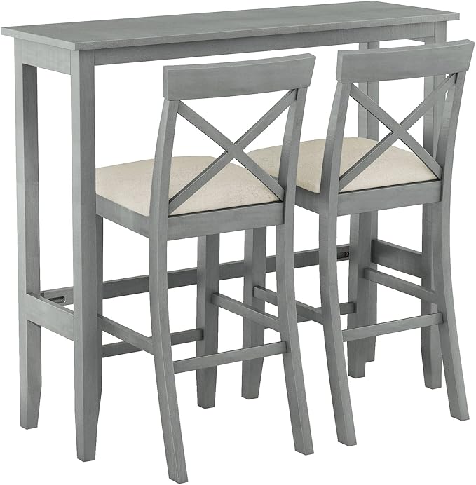 Farmhouse Dining Table Set,48" Rectangular Wood Bar Height Dining Set, Kitchen Breakfast Nook with 2 Upholstered Chairs for Small Places (Gray/N*Bar)