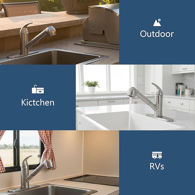 Kitchen Faucet with Pull Out Sprayer, Low Profile Stainless Steel Single Handle Brushed Nikcel Utility Laundry Sink Faucet 1 or 3 Hole Grifo De Cocina