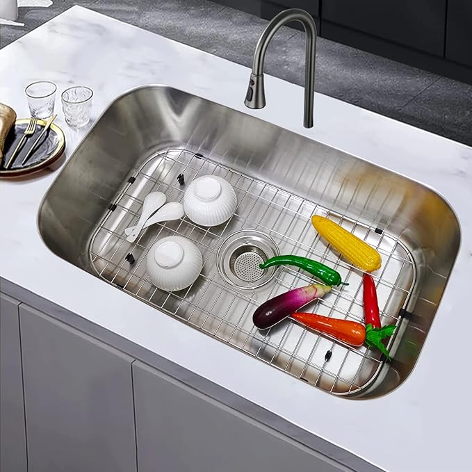 Kitchen Sink Grid 18-7/8" x 13-3/4"- Heavy Duty Kitchen Sink Protector with Built-in Strainer & Center Drain, Non-Slip Rubber Feet & Scratch Resistant Bottom Guard