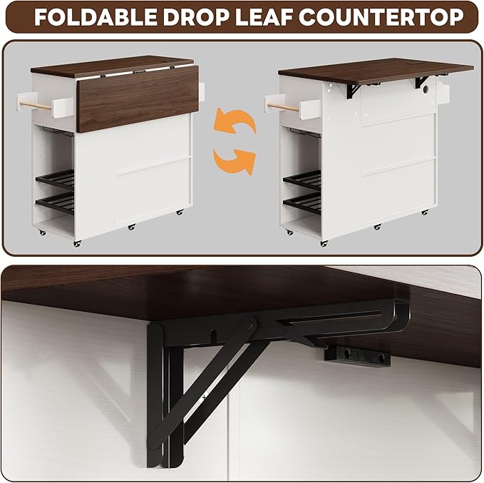 LIKIMIO 51" Mobile Kitchen Island with Drop Leaf & Power Outlet, Kitchen Rolling Island with Storage Cabinets & Drawers, Kitchen Island Cart with Glass Holder & Wine Rack for Dining Room, White