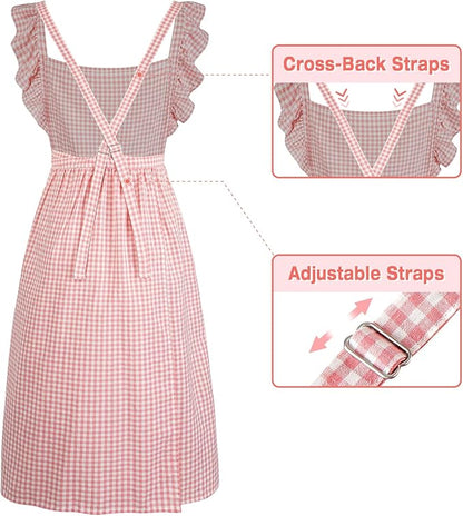 Vintage Gingham Apron for Women, Ruffle Straps, 2 Pockets, Soft Cotton, Apron Dress Style for Cooking & Baking