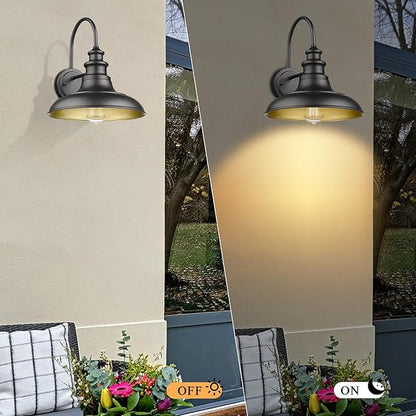 Outdoor Barn Light Fixtures, 12.3 Inch Large Dome Farmhouse Wall Mount Light Wall Sconces, Exterior Wall Lighting Fixtures Industrial Black Gold Lantern Lamps for Porch Garage Patio, 4 Pack