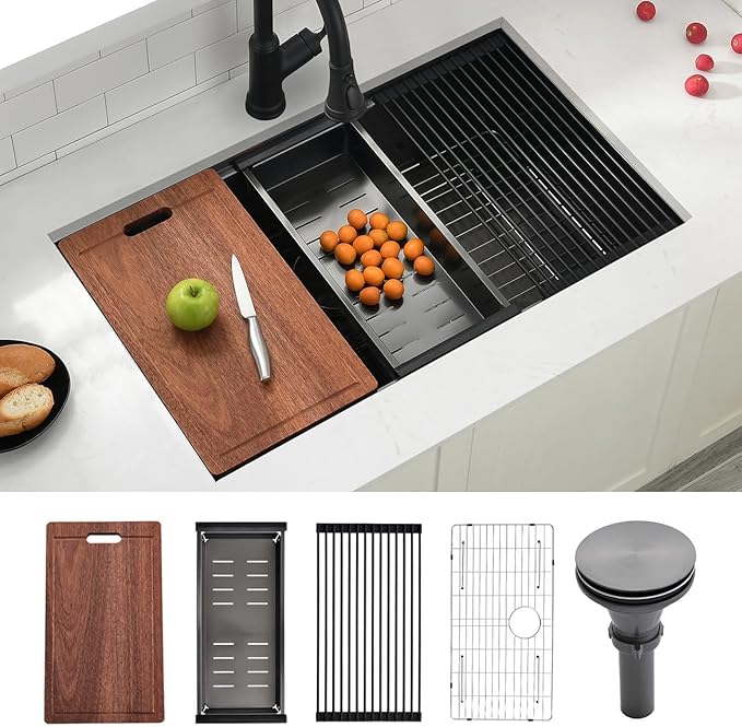 32x19 Black Workstation Kitchen Sink Undermount, Swift horse 32 Inch 16Gauge Black Stainless Steel Undermount Kitchen Sink, Single Bowl Workstation Kitchen Sinks with Built-In Accessories