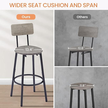 2-Person Grey Bar Table Set with 2 PU Padded Bar Stools - 43.3" Modern Kitchen Island Counter Height Table Set, Backrest Stools for Breakfast Nook, Compact Pub Table Set for Apartment Balcony
