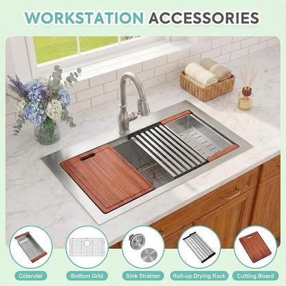 Drop In Kitchen Sink 36" X 22",Top Mount 16 Gauge Stainless Steel Workstation Sink,Deep & Large Single Bowl Kitchen Sinks