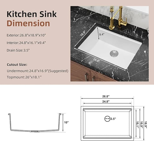 Davivy 27 Inch White Granite Sink Workstation, 27 X 19 Granite Composite Kitchen Sink Undermount & Drop in, Deep Single Bowl with Accessories