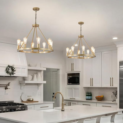 9MMML 23.6“ 8 Lights Golden Wagon Wheel Chandelier, Large Luxury Kitchen Island Pendant Light for Living Dining Room Foyer Entryway,Height Adjustable,E26.