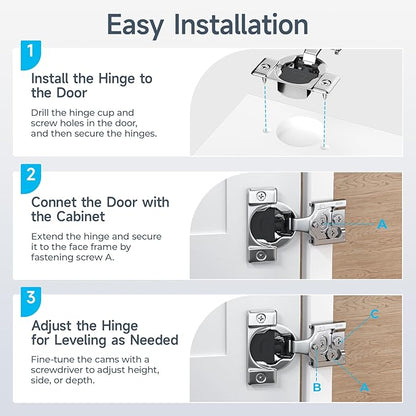 HOSOM 10 Pack Soft Close Cabinet Hinges 1/2 inch Overlay Kitchen Cabinet Door Hinges 105° Opening Angle for Cabinet Doors 3-Way Adjustment Hidden Door Hinges