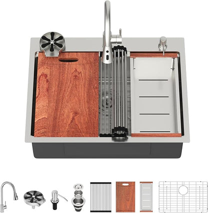 Lordear 28 Inch Drop In Kitchen Sink with Faucet 16 Gauge Stainless Steel Single Bowl 28x22x9 Topmount Kitchen Sink with Glass Rinser Workstation Sinks with Soap Dispenser