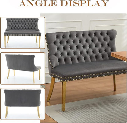 45.6in Upholstered Dining Bench, Mid-Century Modern Kitchen Room Bench with Tufted Back and Metal Legs, Velvet Small Sofa Couch Bench, Grey Gold